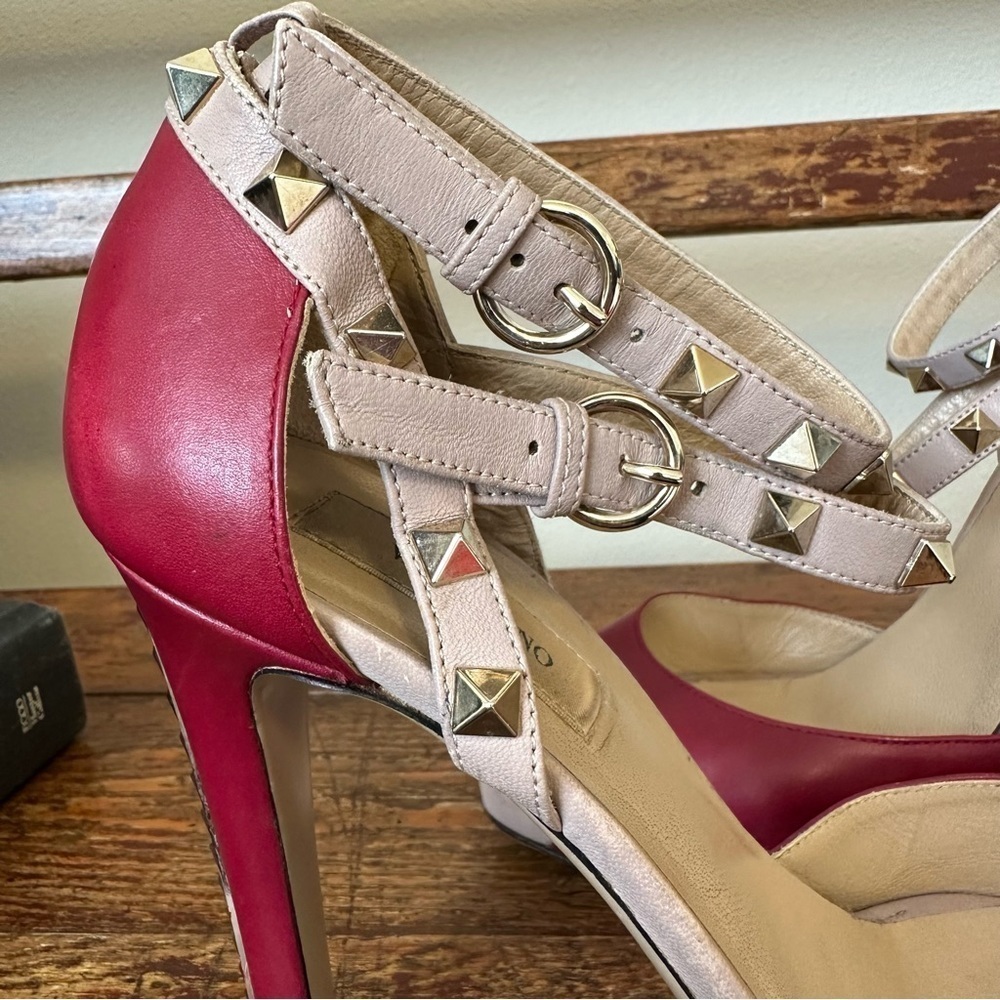 Valentino Rockstud Open Toe Pumps Heels Stiletto Ankle Straps Red Leather - Picture 13 of 16